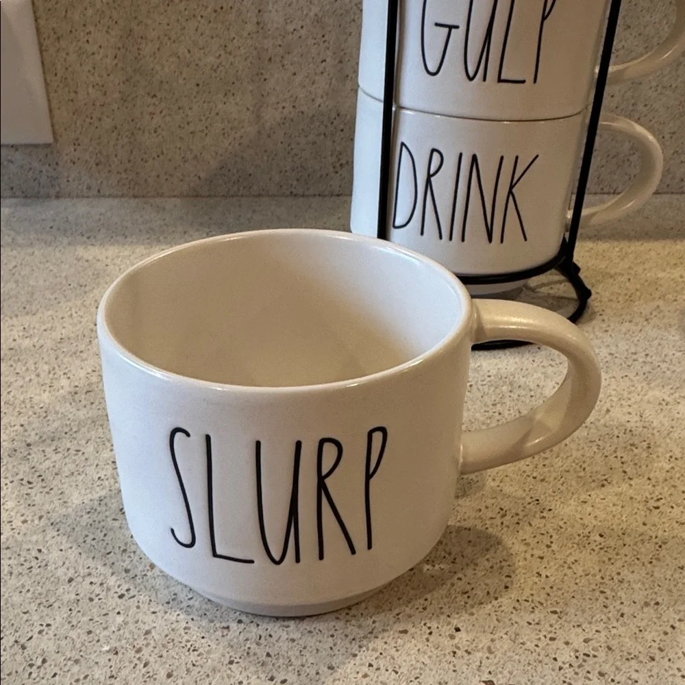 Rae Dunn Stackable White Mug Set with Stand - Picture 3 of 8